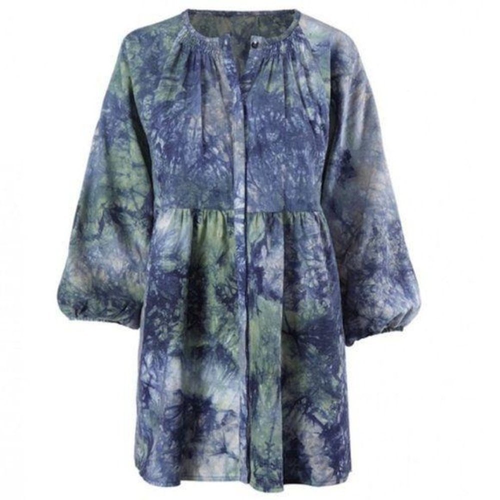 CAbi Woodstock Tie Dye Babydoll Peasant Button Up Blouse Blue Green Medium 5714